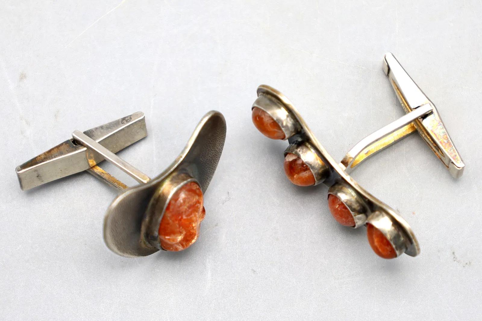 Vintage Mid Century Silver Cufflinks, Mens Jewelry In Modernist Style, Orange Goldstone Cabochons