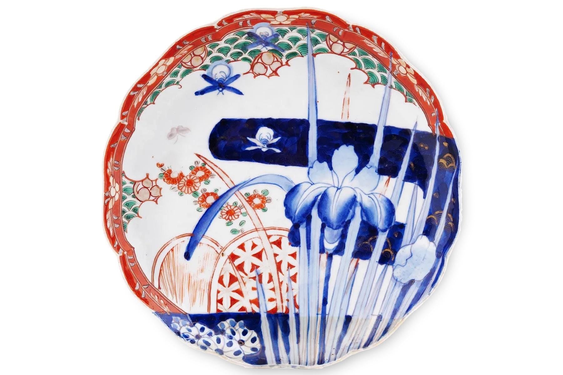 Antique 19th Century Meiji Japan Bowl, An Imari Arita Plate With Calligraphy And Nautical Theme, Porcelain, Blue And White