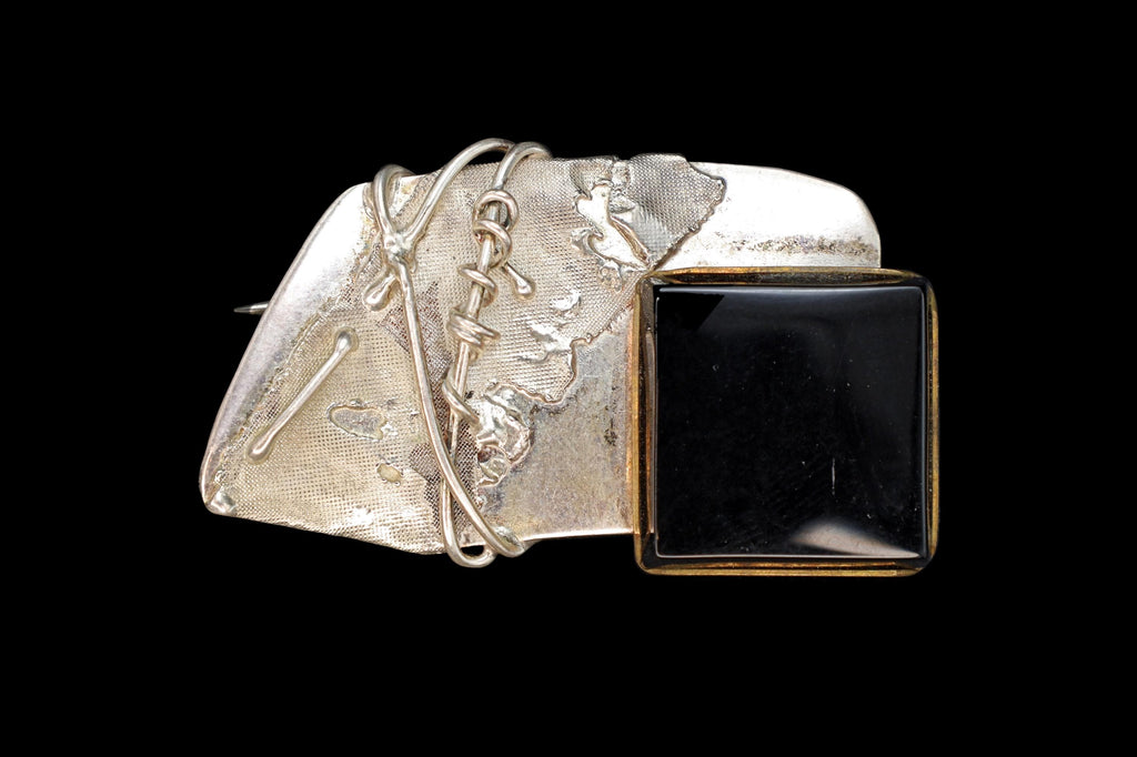 Brutalist Jewelry Brooch Pin, California USA 1980s, Sterling And Black Onyx Cabochon, Modernist Jewelry Art, Retro Fashion Accessories
