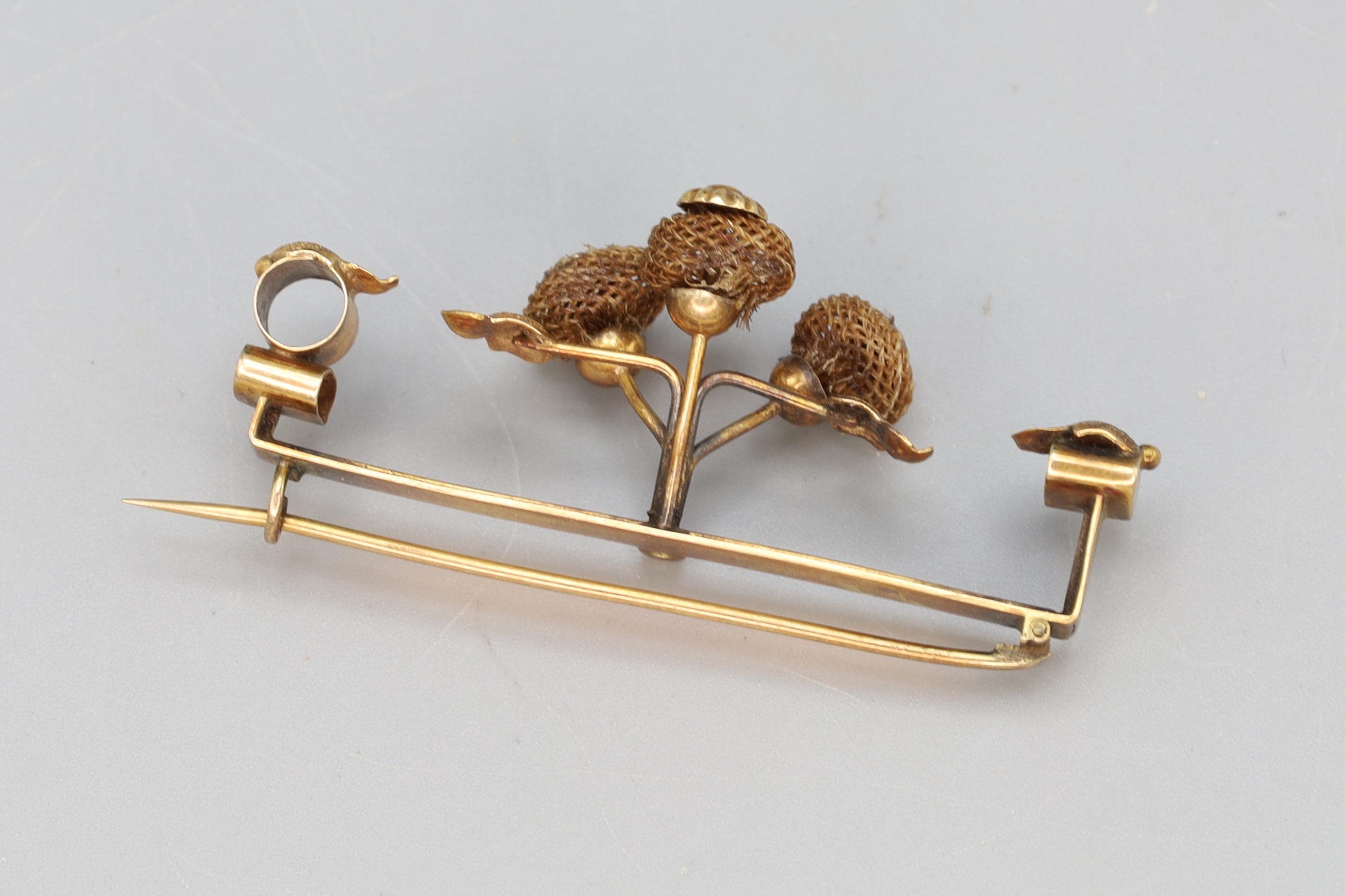 Victorian Era 12 Karats Gold Jewelry, Braided Ivy Flowers And Vine, Memento Mori Brooch Pin, Dated As 1880s England UK, Fashion Accessoires