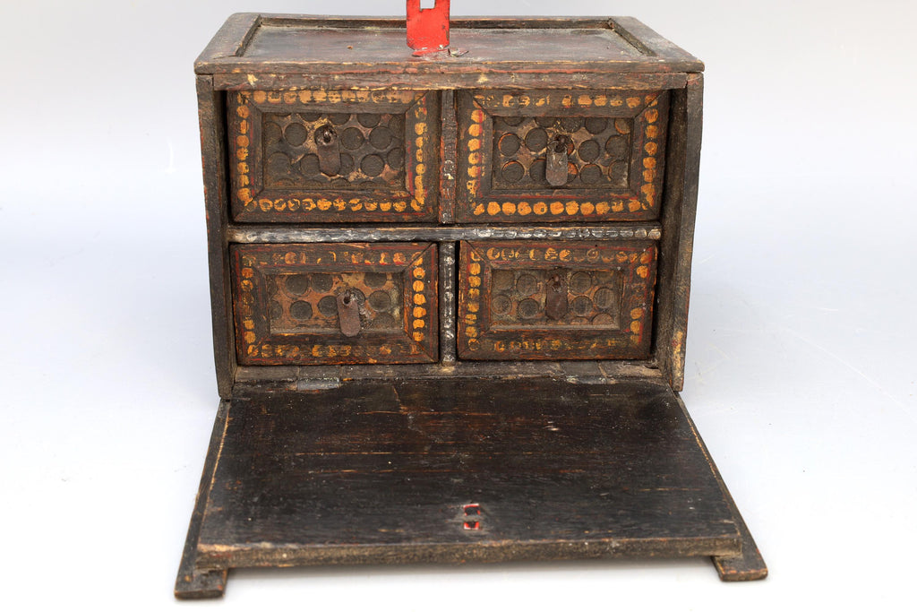 Antique 19th Century Jewelry Box With Drawers, Rajasthan India. Ethnic Rustic Cabinet, South Asia Folk Art, Oriental Crafts And Collectibles
