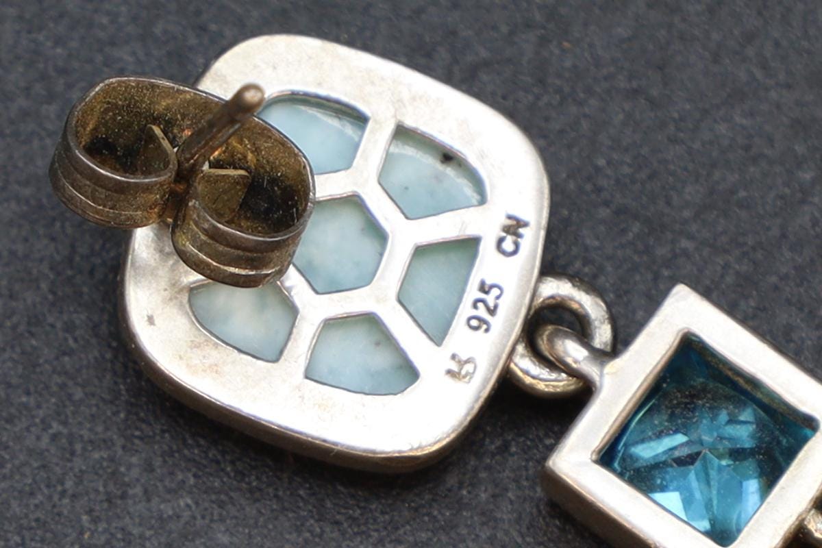 Avant Garde Drop Dangle Earrings, 925 Sterling Silver, Blue Larimar, Blue Topaz And Lab Opal Stones, Retro Fashion Jewelry, Vintage Dangles