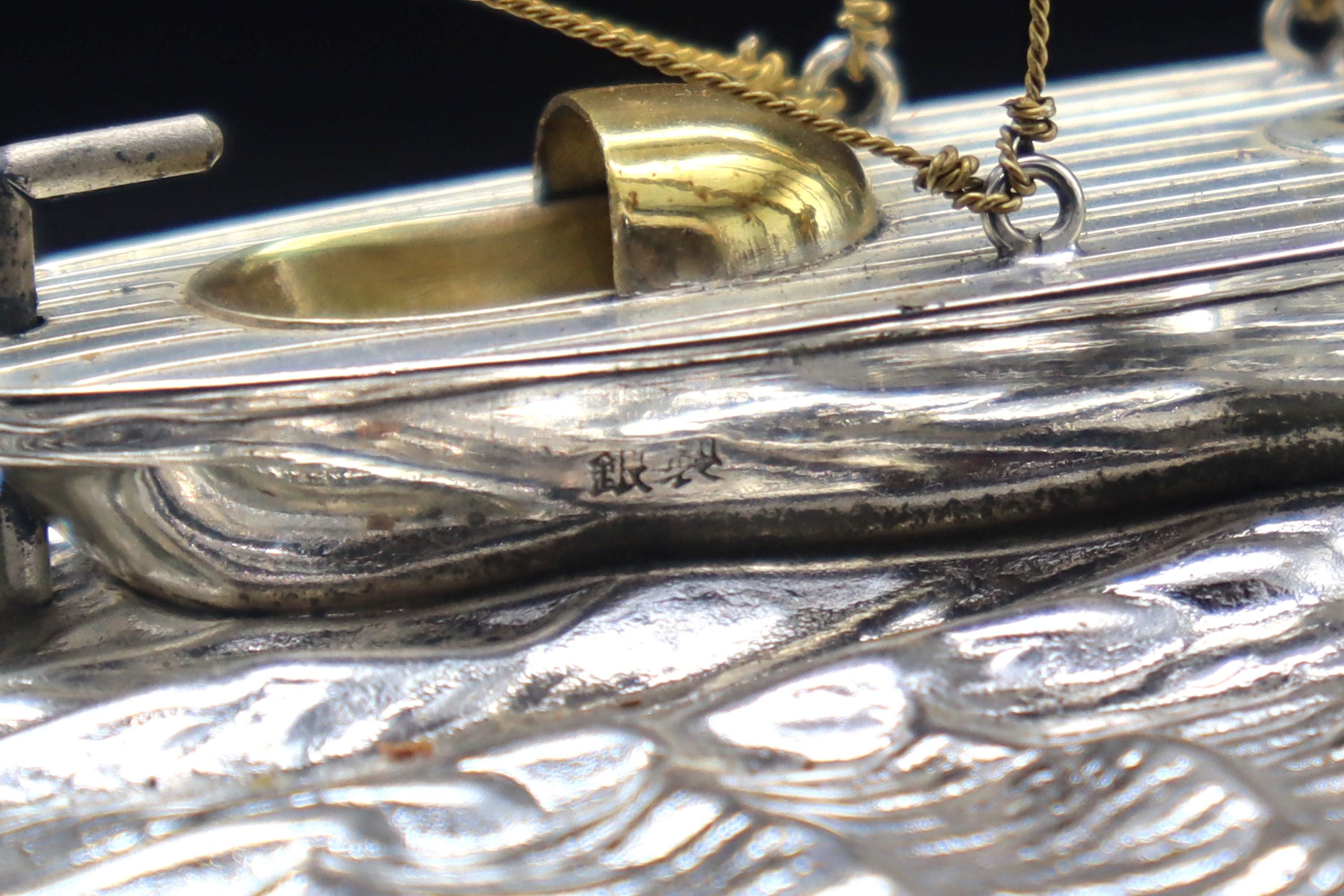 1970s Handmade And Finely Detailed Silver Electroplated Model Of A Sailing Ship, Sports Boat Sculpture By Japanese Silversmith Seki Takehiko