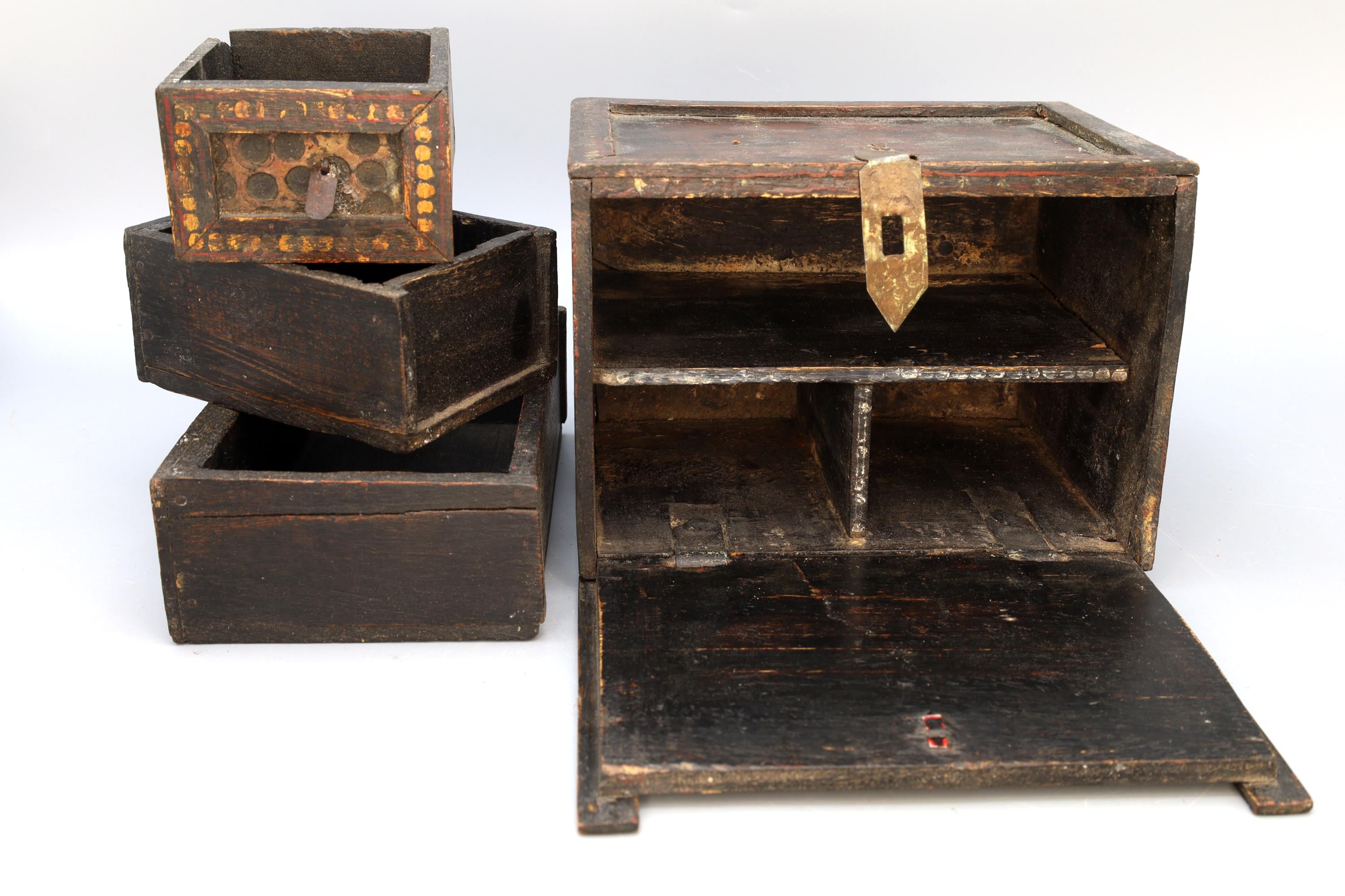 Antique 19th Century Jewelry Box With Drawers, Rajasthan India. Ethnic Rustic Cabinet, South Asia Folk Art, Oriental Crafts And Collectibles