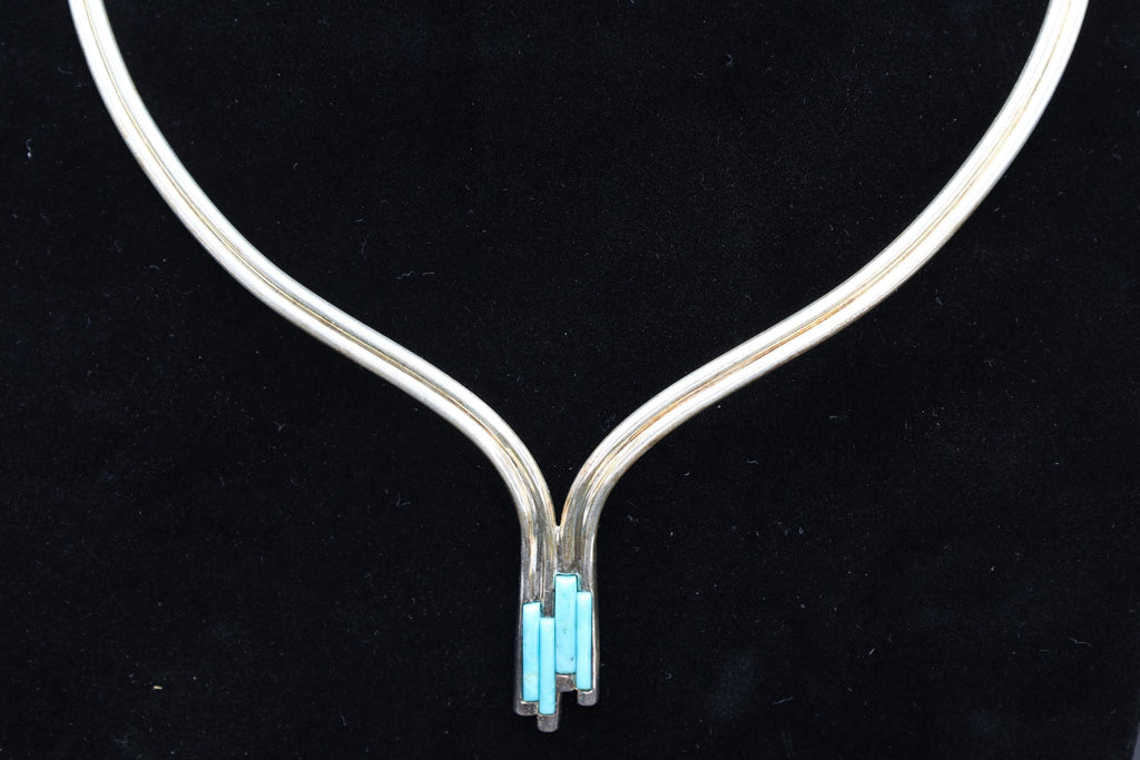 V Shape Collar Necklace With Turquoise Mosaic Accent, 925 Sterling Silver Jewelry, Torc, Jay King, Desert Rose Jewelry, Modernist Fashion