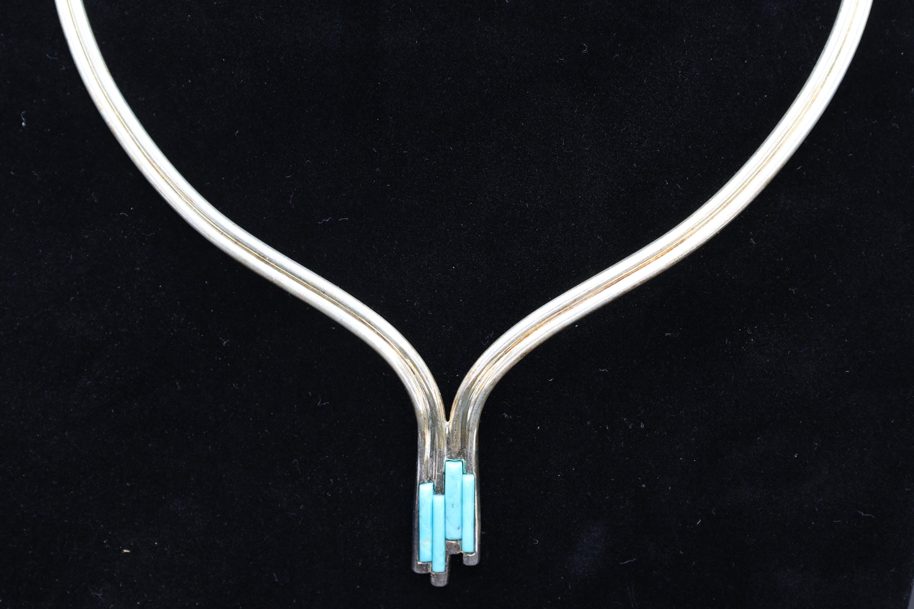 V Shape Collar Necklace With Turquoise Mosaic Accent, 925 Sterling Silver Jewelry, Torc, Jay King, Desert Rose Jewelry, Modernist Fashion