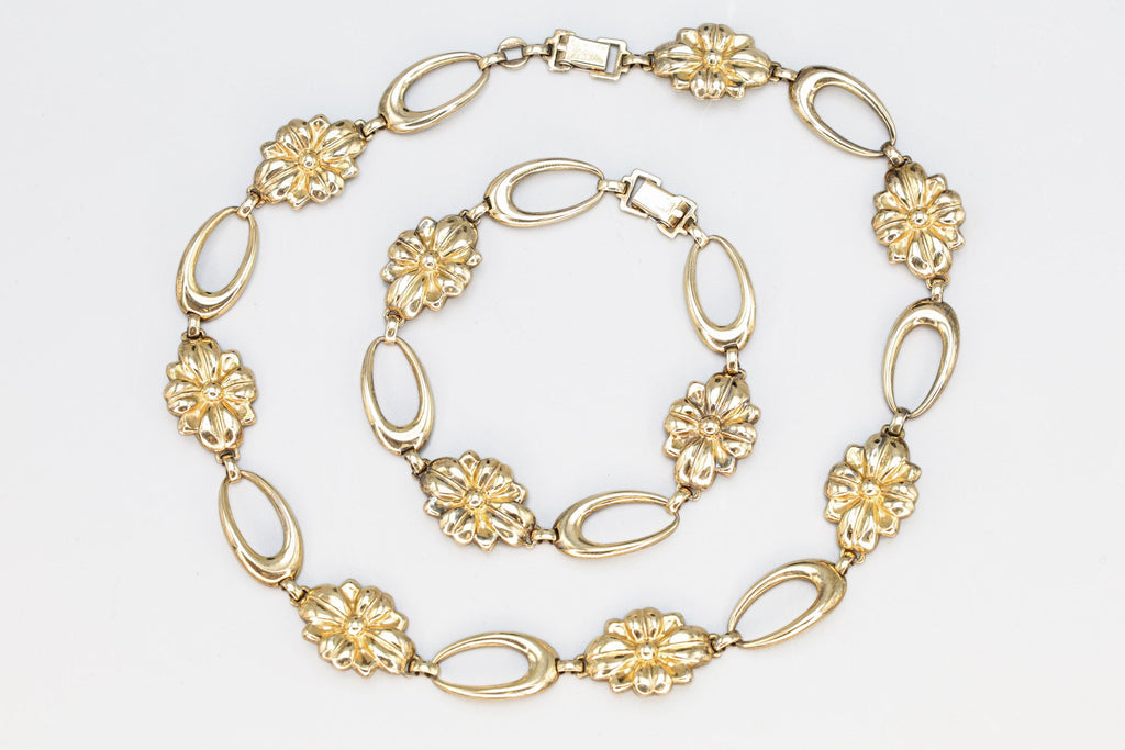 Jewelry Set By Sterling Symmetalic, Necklace And Bracelet, Vintage 1950s American Jewelry, Oval Flower Links, Retro Fashion Accessories