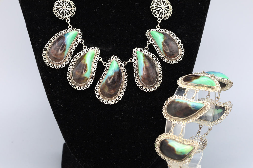 SUPER RARE, Art Deco Jewelry Set, Necklace, Bracelet And Earrings, Portuguese 800 Silver And Mussels Shells, Wirework Cannetille Ca 1930s