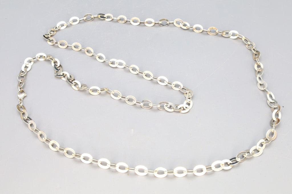 Vintage 1990s Sterling Silver Flat Rolo Chain Necklace, Fashion Jewelry Accessories, Oblongue Link, Extra Long XL Chain Necklace