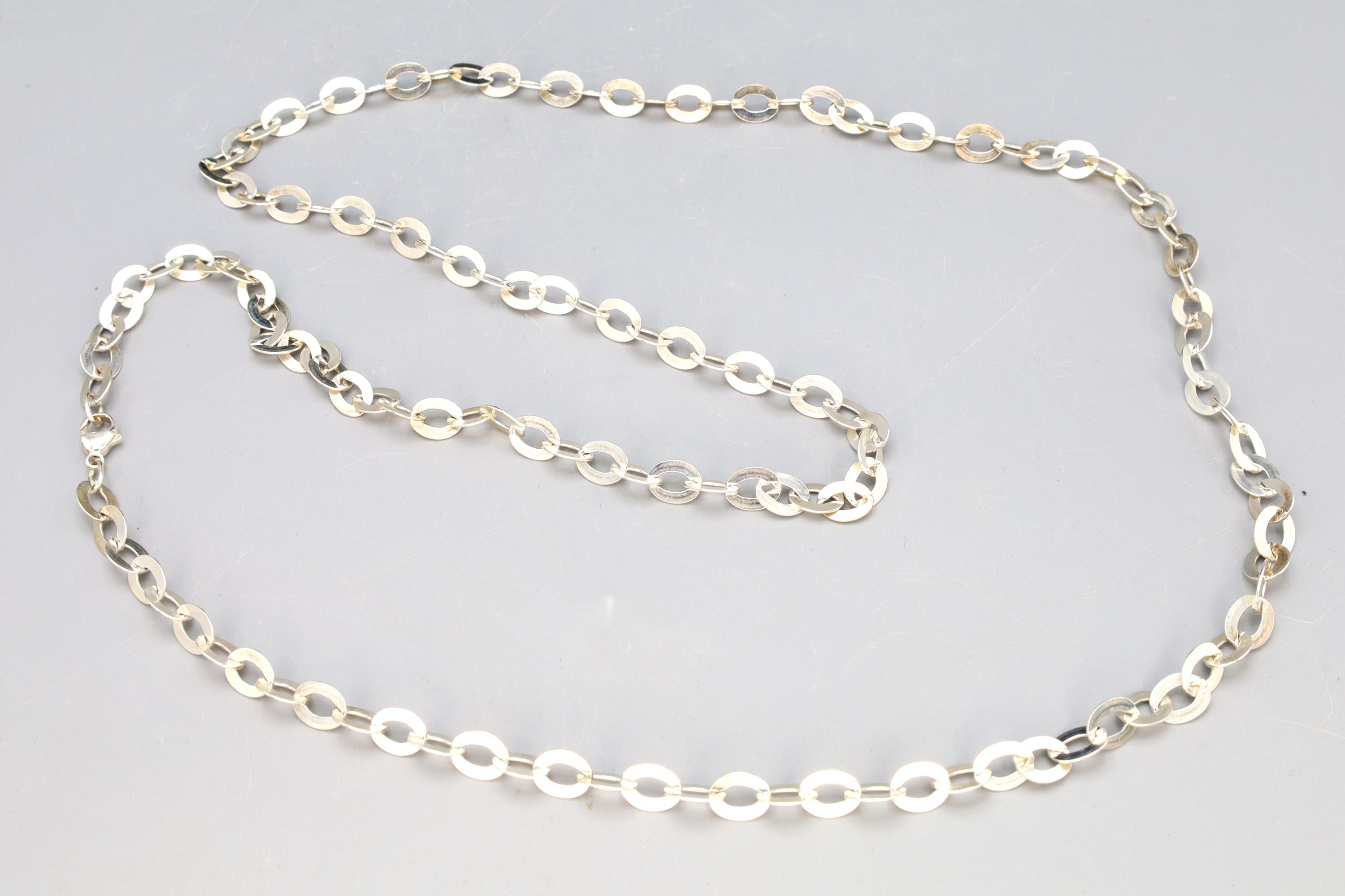 Vintage 1990s Sterling Silver Flat Rolo Chain Necklace, Fashion Jewelry Accessories, Oblongue Link, Extra Long XL Chain Necklace