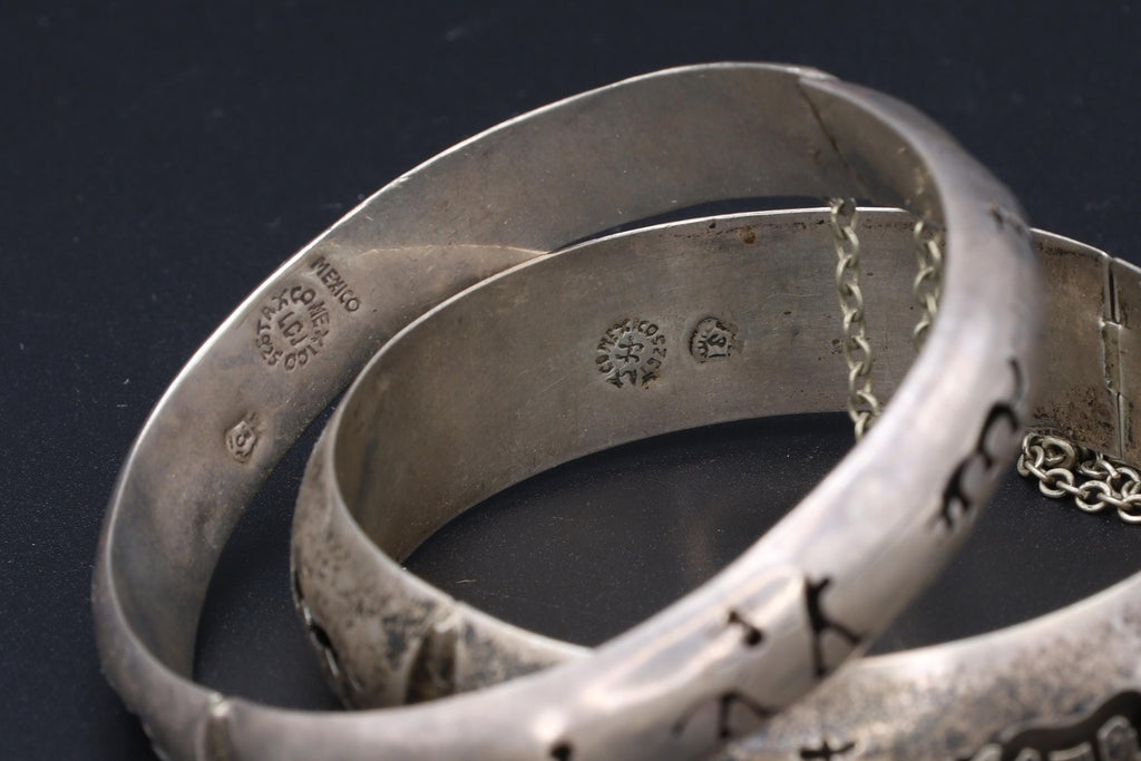 Taxco Mexico, FarFan FF And LCJ Bracelets, A Pair Of Sterling Silver Bangle With Matador Motifs, Bull Fighting, Modernist Jewlery, Art Deco