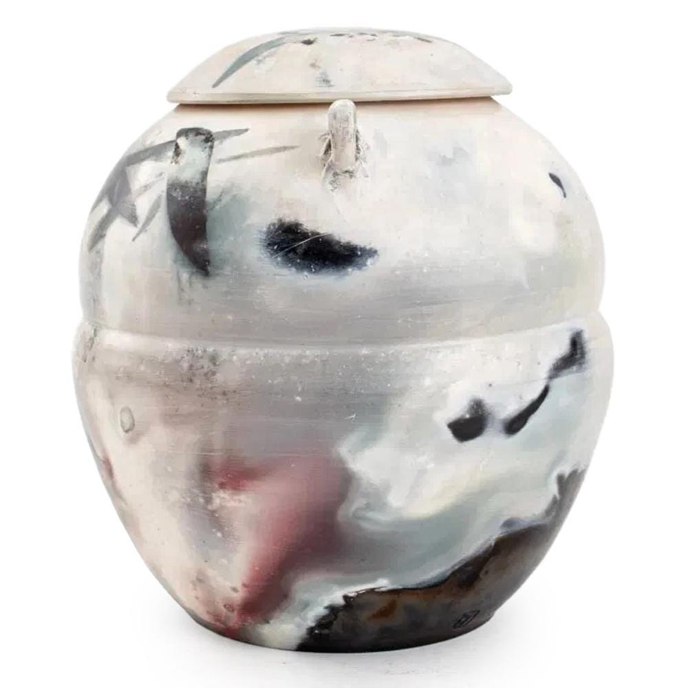 Andre Namenek, Abstract Contemporary Design Art Pottery Covered Jar, 1989 Signed. A Round Brutalist Modernist Jar With White And Blue Glaze