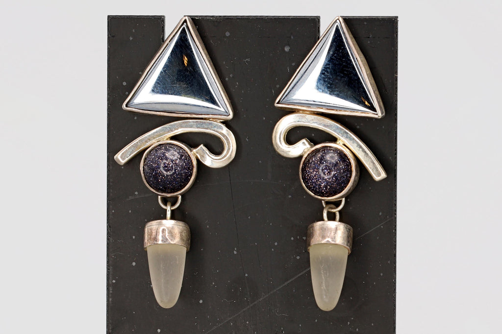 Vintage 1990s Postmodern Jewelry, Dangle Earrings, Sterling Silver, Hematite, Diachronic Glass And Quartz