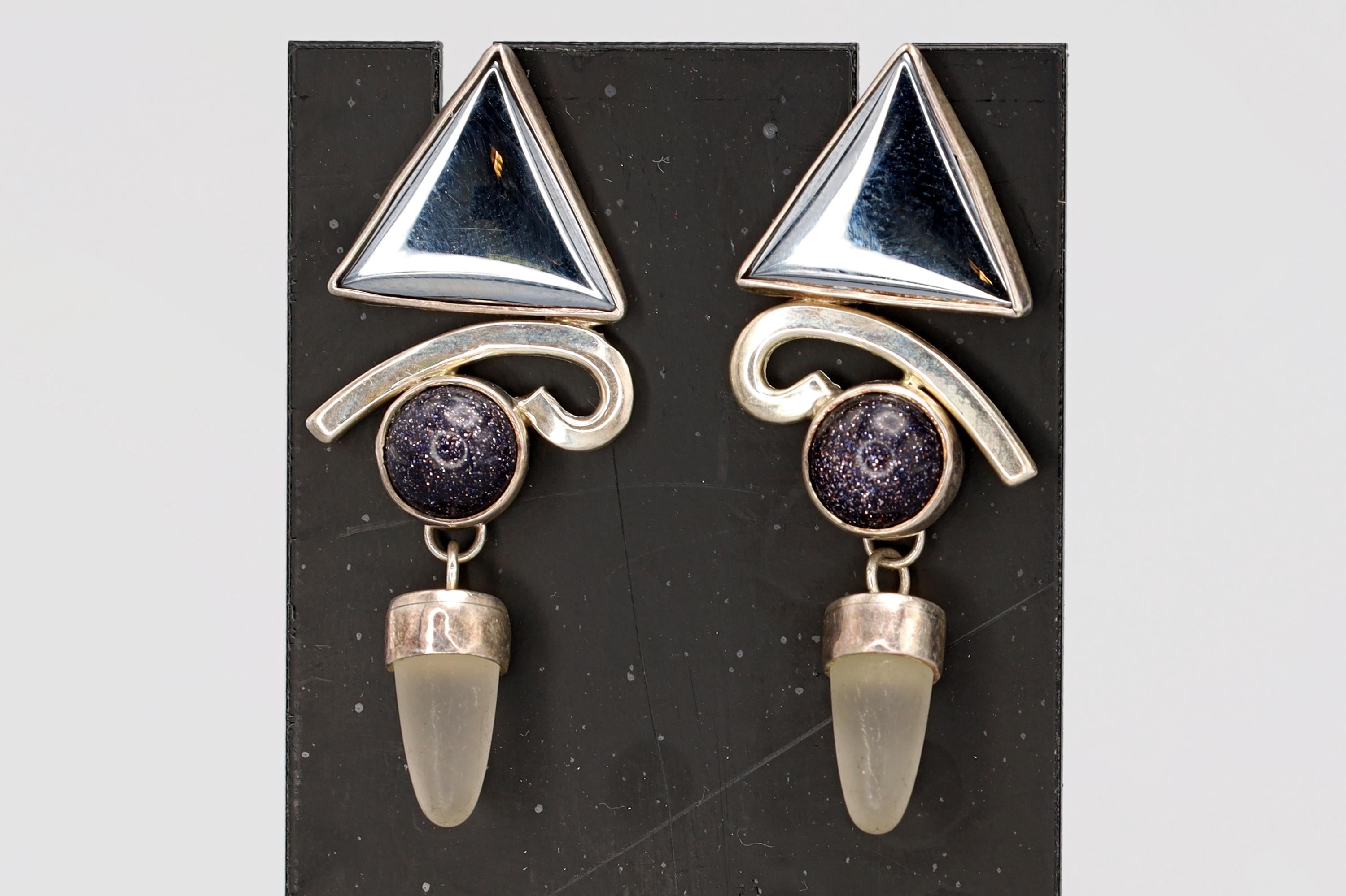 Vintage 1990s Postmodern Jewelry, Dangle Earrings, Sterling Silver, Hematite, Diachronic Glass And Quartz