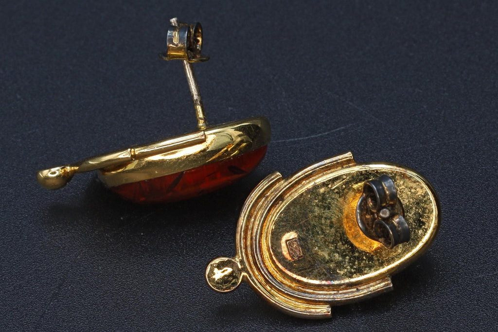 Large Stud Earrings, Gilt 925 Sterling Silver And Amber Resin Cabochon, Modernist Design With Fruit Shape, Retro Fashion Accessories
