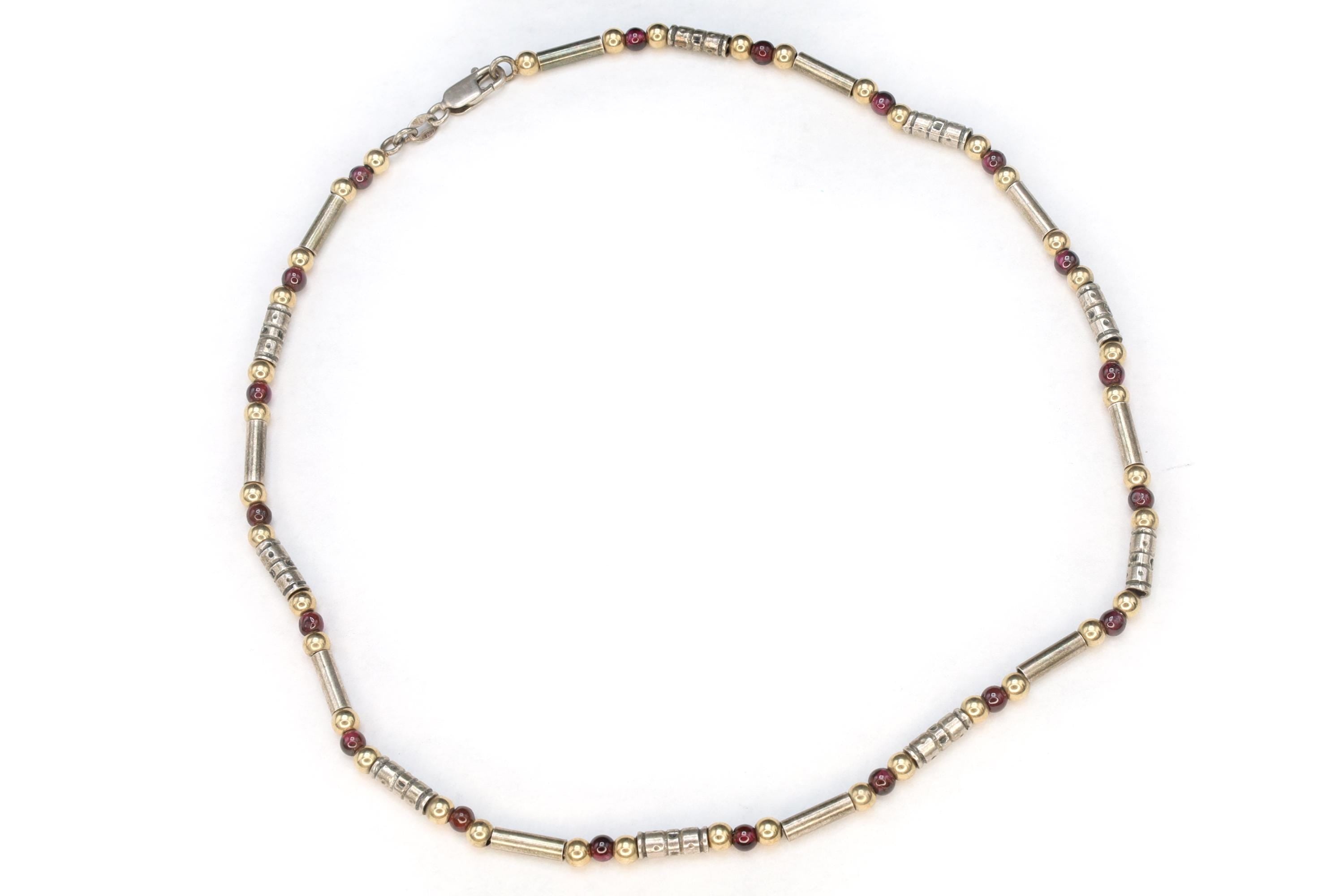Modernist Bar Ball Chain Necklace, 925 Sterling Silver, Gold Wash And Pink Red Garnet, 16 inches Length Specialty Chain, Fashion Link Collar