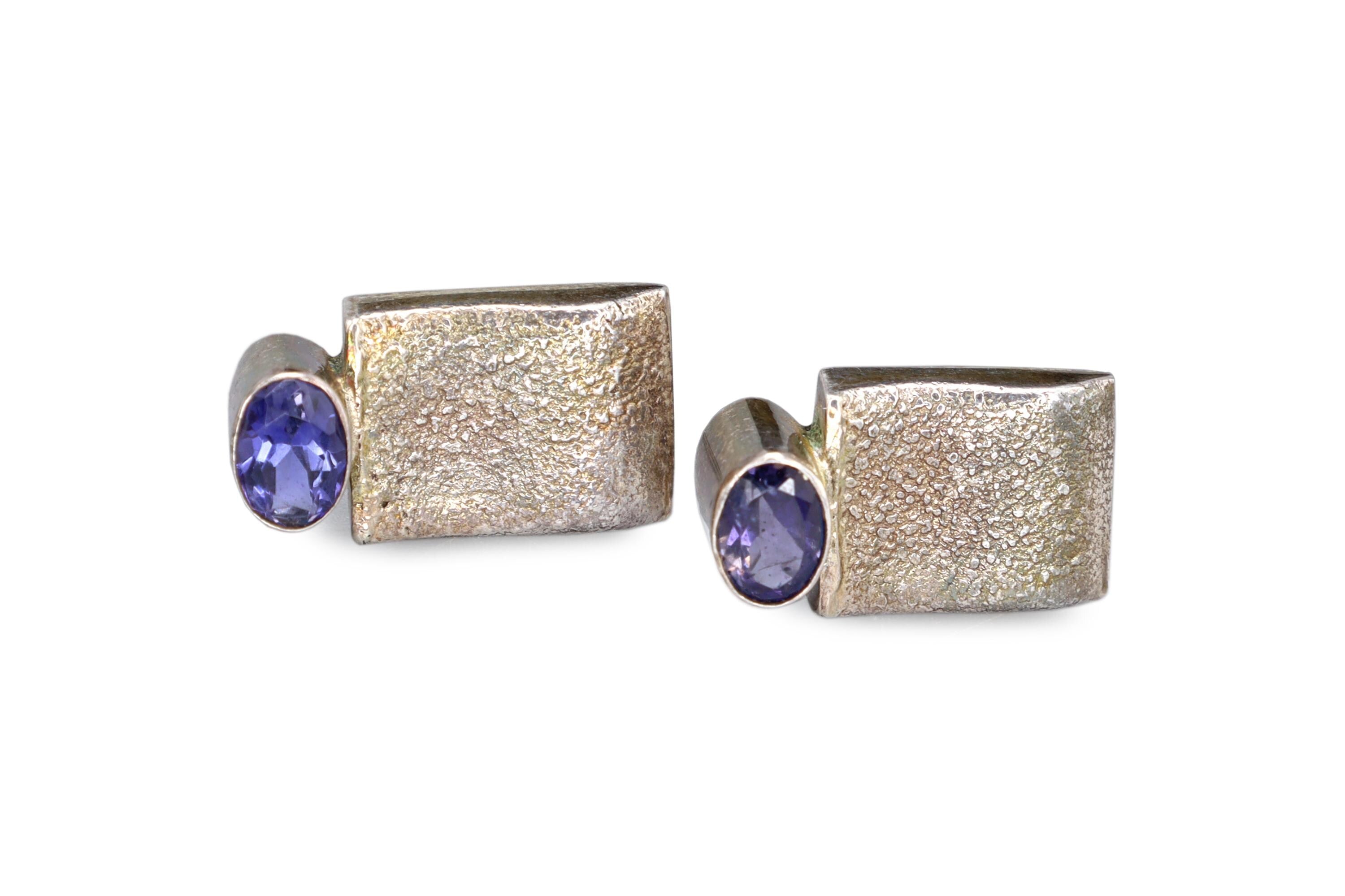 Vintage Stud Earrings, 925 Sterling Silver And Faceted Amethyst Cabochons, Fashion Jewelry