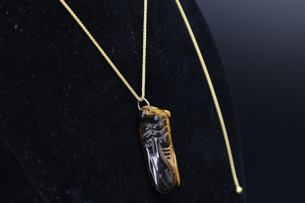 Cicada Pendant Necklace, A Carved Tigers Eye Gemstone With A Gold Vermeil Lariat Chain, Asian Oriental Jewelry, Immortality, Rebirth Symbols