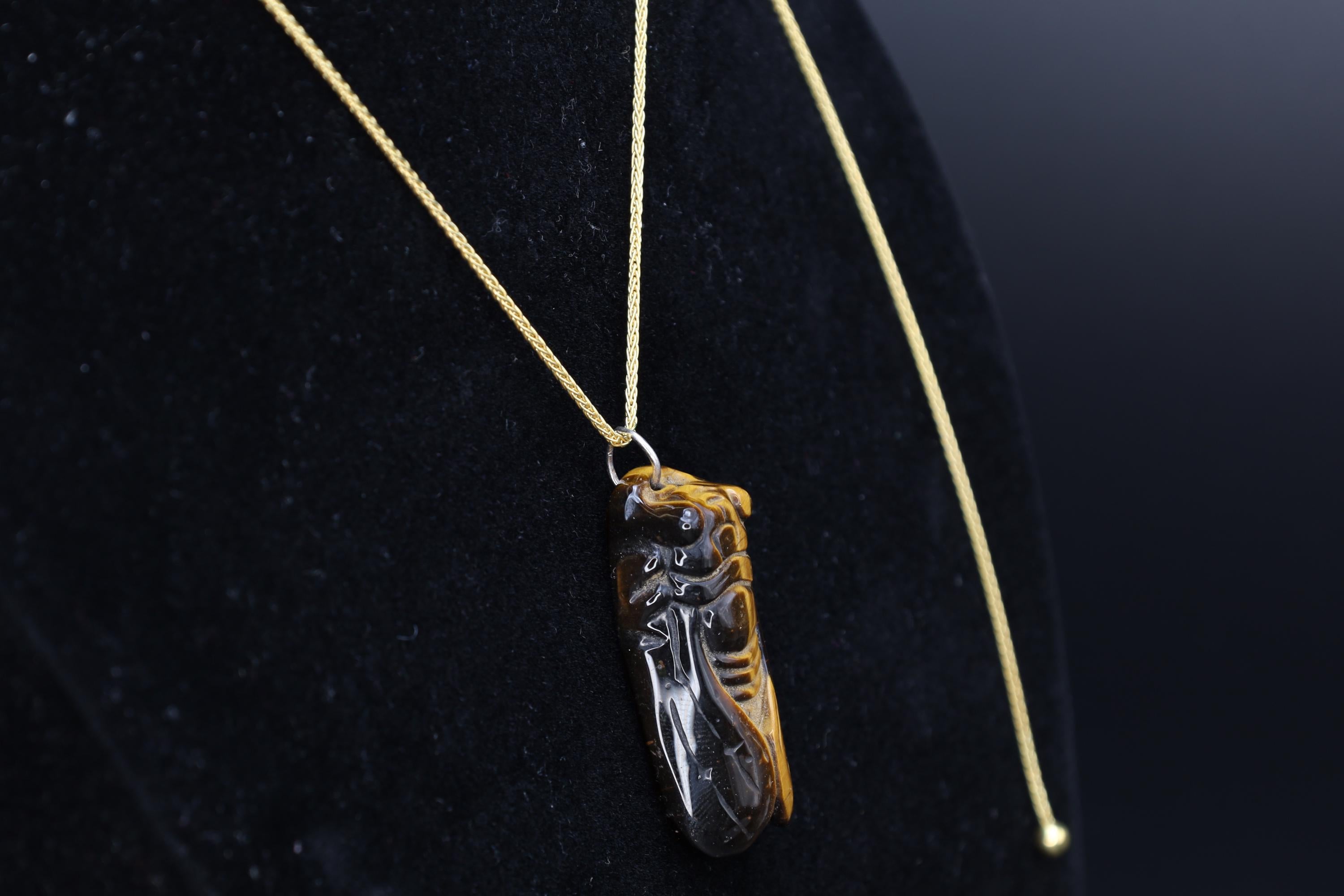 Cicada Pendant Necklace, A Carved Tigers Eye Gemstone With A Gold Vermeil Lariat Chain, Asian Oriental Jewelry, Immortality, Rebirth Symbols