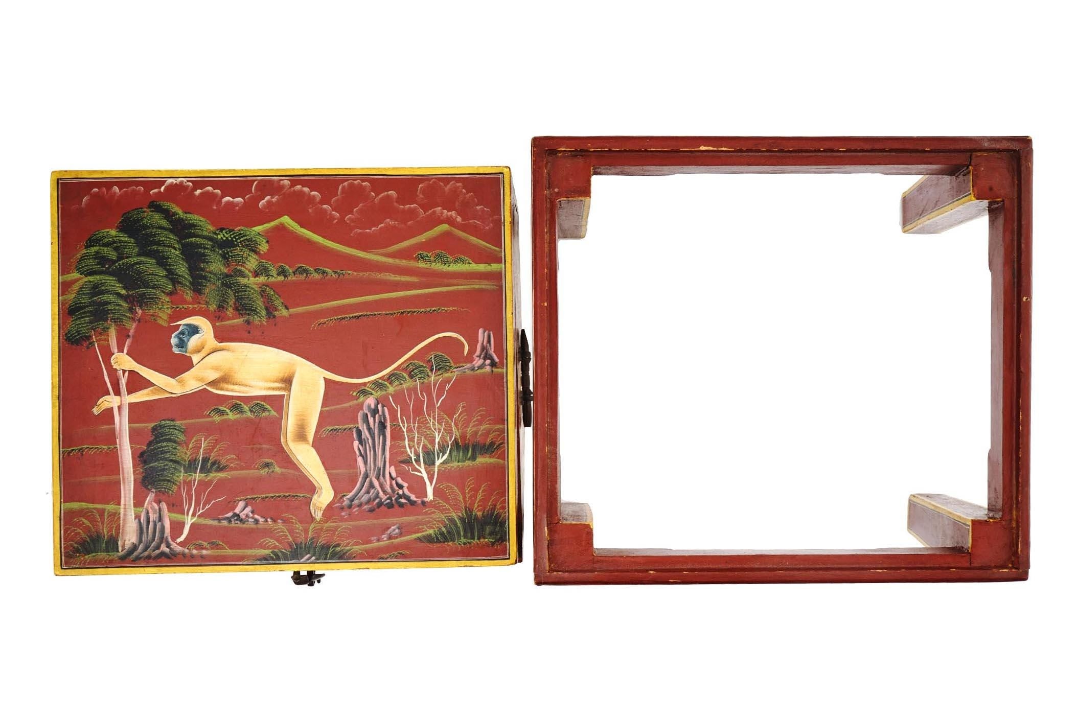Small Wooden Lidded Cabinet Box Adorned With Oriental Folk Art, Hand Painted Rajasthan Monkeys, Vintage 1970s Chinoiserie Furniture
