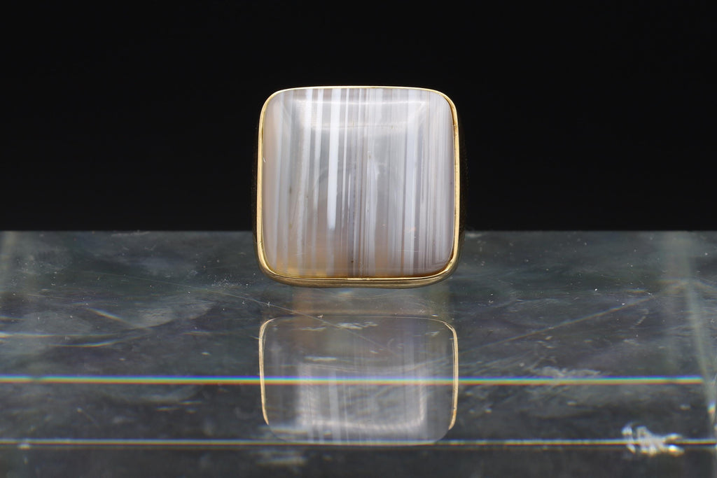 Banded Agate, Sterling Silver And Gold Wash Ring Size 6 USA Charts, Bold Statement Ring With Hallmarks, Lace Agate In Square Shape, Jewelry