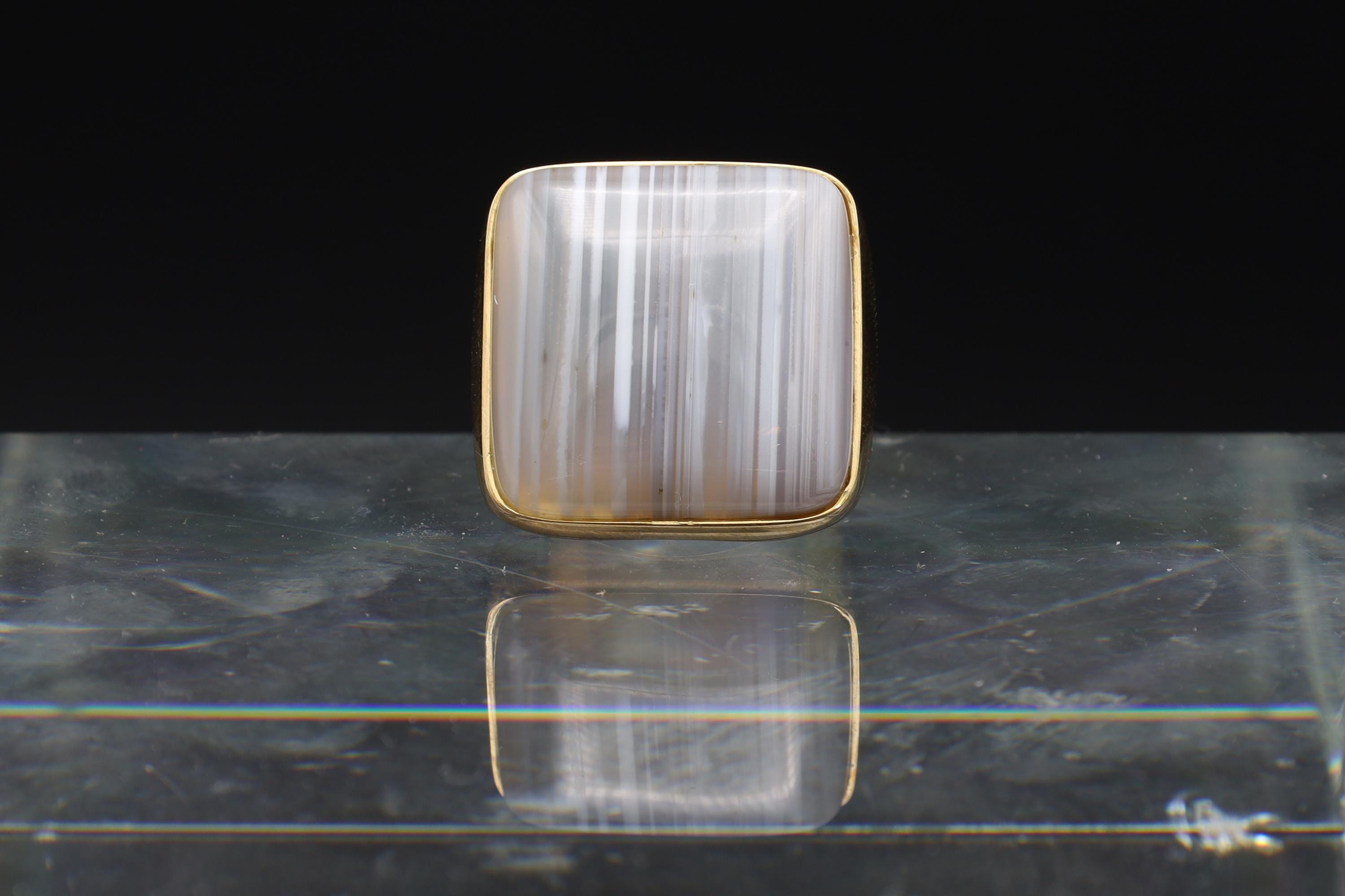 Banded Agate, Sterling Silver And Gold Wash Ring Size 6 USA Charts, Bold Statement Ring With Hallmarks, Lace Agate In Square Shape, Jewelry