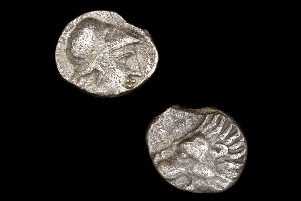 Side, Pamphylia 370 To 360 BCE Obol Silver Coin, Goddess Athena With Corinthian Helmet, Lion Head, Ancient Collectibles And Numismatics