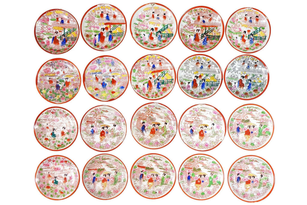 Group of 20 Twenty Kutani Saucer Dish Plates For Decoration, Japan Mid Century Porcelain Exports, Hand Painted Oriental Art