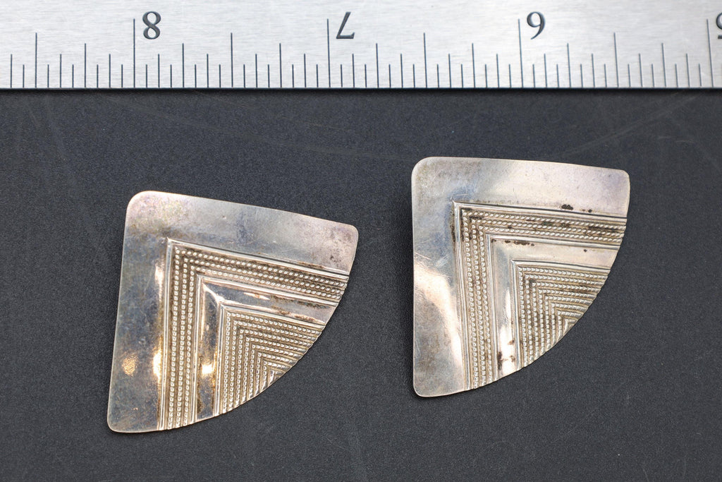 Large Modernist Stud Earrings With A Triangle Geometric Shape And Tribal Design, 925 Sterling Silver, Handmade Artisan Jewelry Art