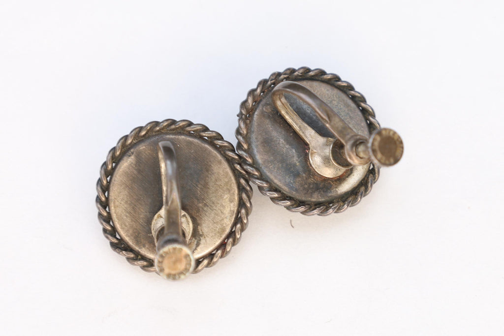 Victorian Era Jewelry, Mourning Screw Back Earrings, Round Black Onyx And Seed Pearls On Sterling Silver Settings, 19th Century Fashion