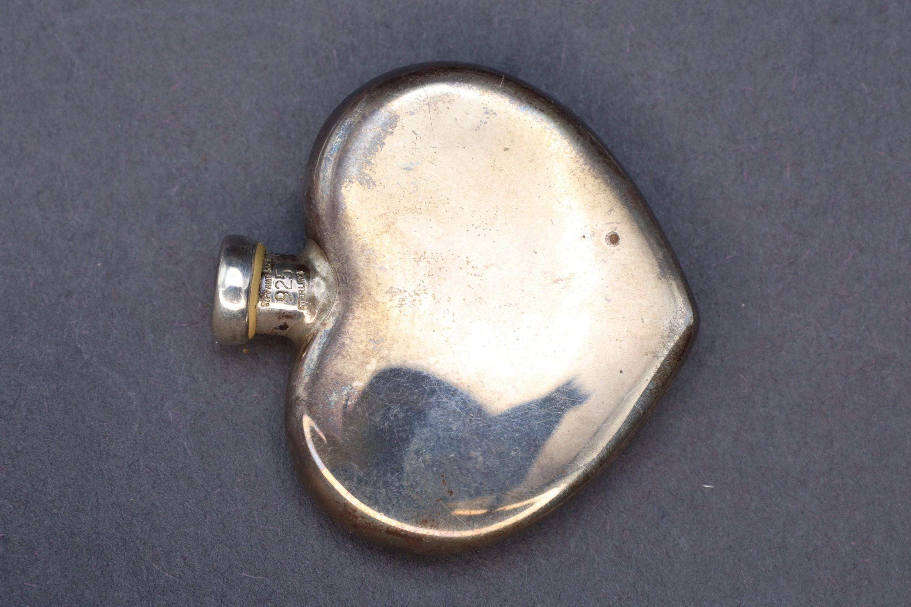 Tiffany & Co Perfume Bottle, A Vintage Sterling Silver Snuff Bottle With Brand Hallmarks. No Engravings, Small Heart Shaped Bottle Flask