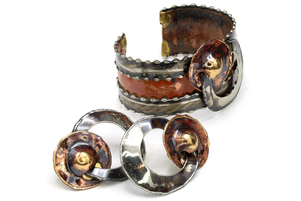 Jewelry Set By Ndebele Women Of South Africa, A Cuff Bracelet And Matching Large Pierced Stud Earrings, Mixed Media Metals, Brutalist Design