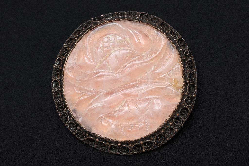 Antique 1920s Art Deco Brooch, A Carved Rose Quartz And Silver Filigree Wirework, Chinese Republic Era Jewelry, Floral Design In A Round Pin