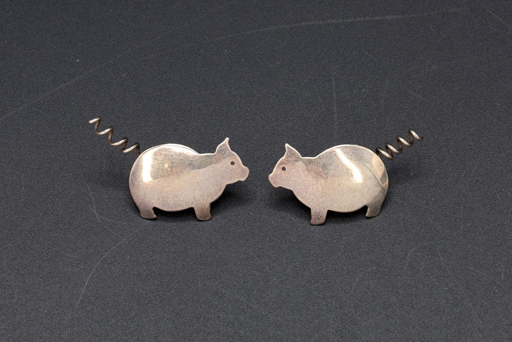 Vintage 1988 ELLES Pig Earrings, Crescent Moon 925 Sterling Silver Hallmarks, American Studs, Southwestern Womens Jewelry Animal Art
