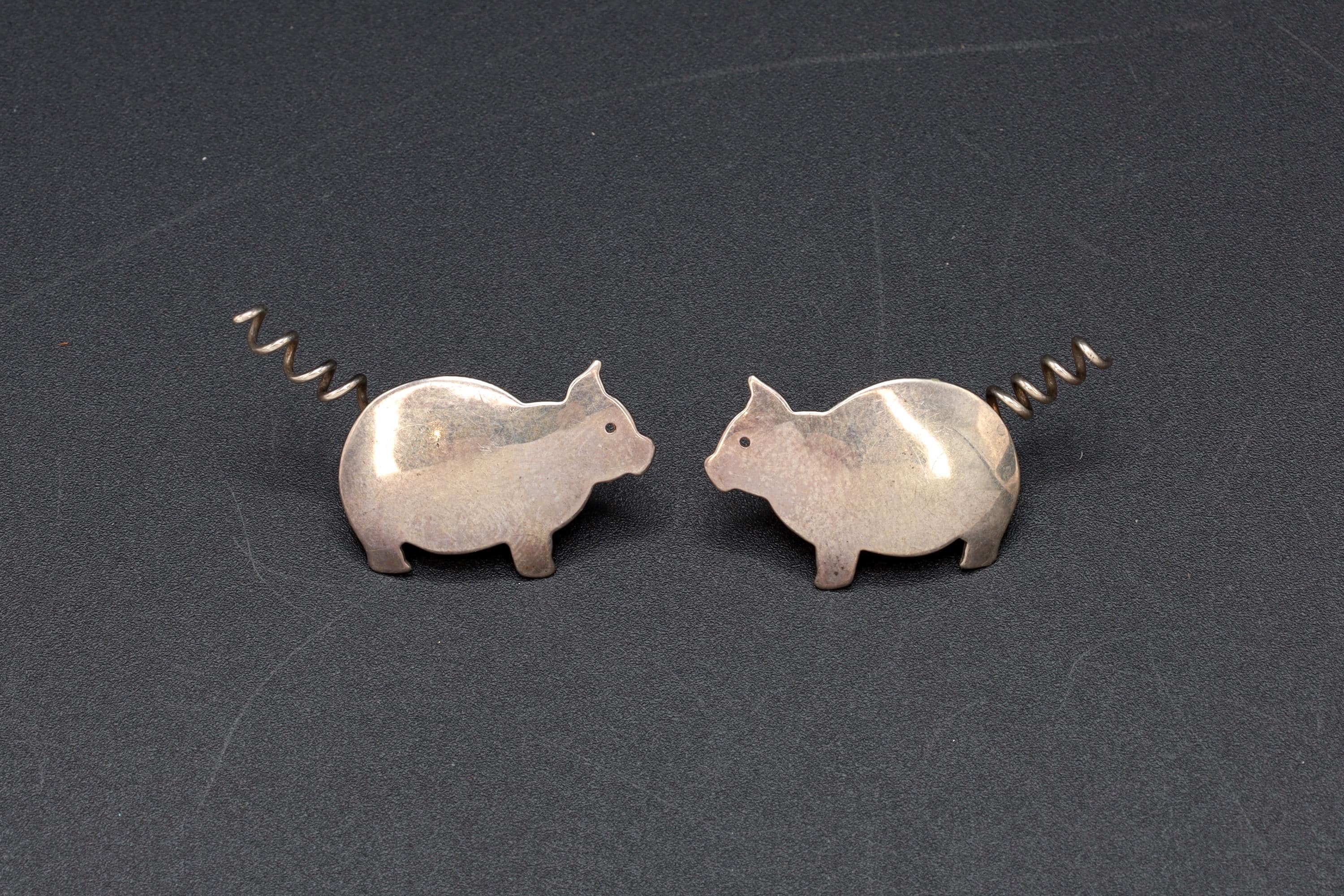 Vintage 1988 ELLES Pig Earrings, Crescent Moon 925 Sterling Silver Hallmarks, American Studs, Southwestern Womens Jewelry Animal Art