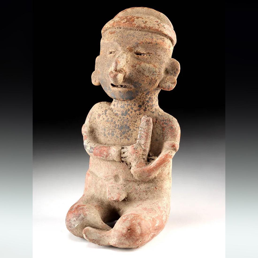 Ancient Pre Columbian Nayarit Pottery Sitting Musician Figure, Chinesco Type 300 BCE to 300 AD, West Mexico, Mesoamerican Tomb Burial Art
