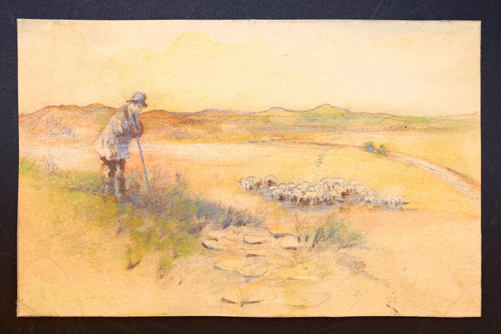 Shepherd, Antique 1900s Liberty Style Art By Paulo Antonini, Italian American Artist, Small Paintings Drawings On Paper, Art Nouveau