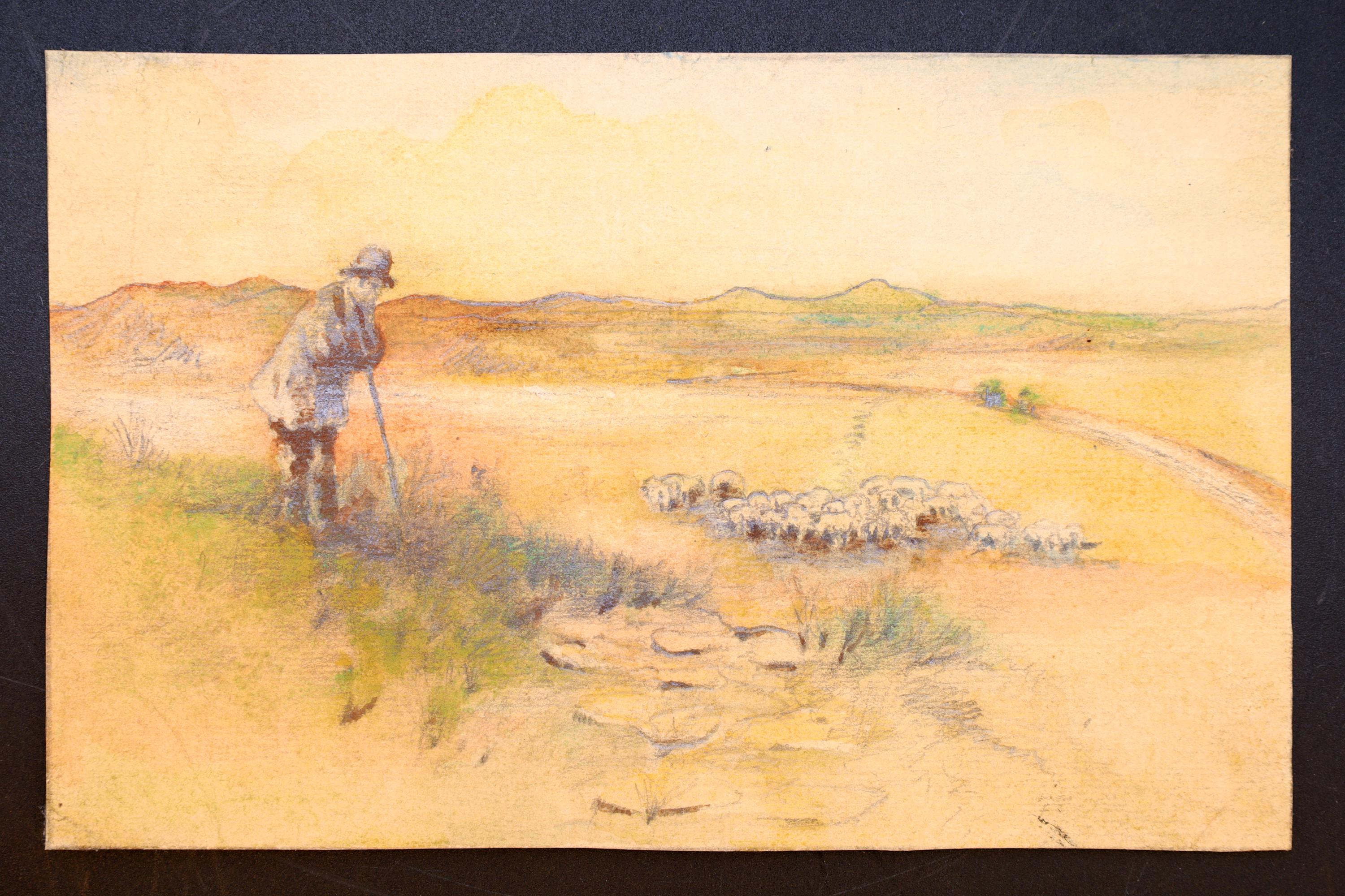 Shepherd, Antique 1900s Liberty Style Art By Paulo Antonini, Italian American Artist, Small Paintings Drawings On Paper, Art Nouveau