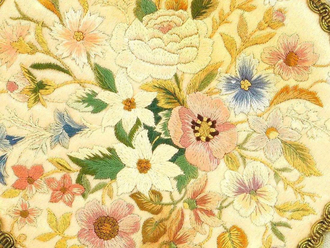 Antique 19th Century Europe Belgium Embroidery Art, Framed A Round Shaped Still Life With Blossoming Flowers, Victorian Home Decor