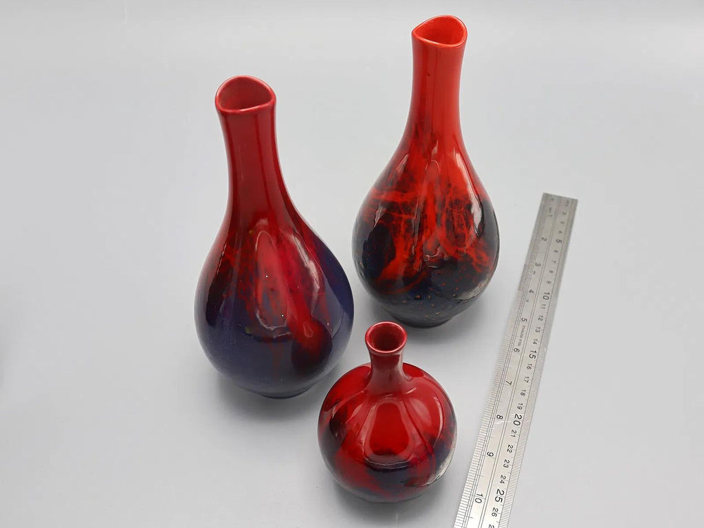 A Group Of 3 Flower Vases, Flambe Veined And Glazed Vases Made By Renowned English Pottery, Royal Doulton, Early 20th Century Pottery Art