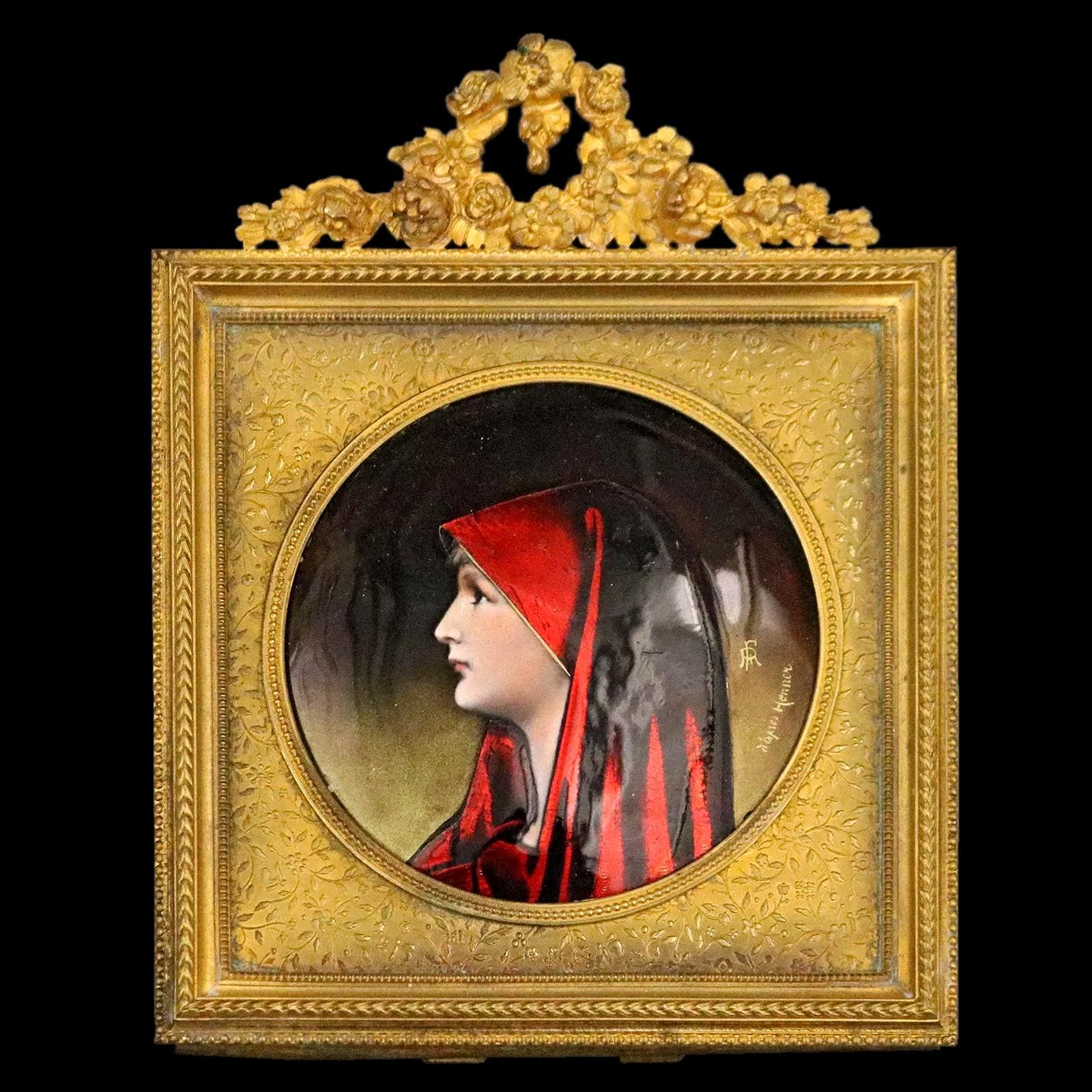 Saint Fabiola Of Rome, Antique 19th Century French Limoges Enamel On Copper Plaque Painting On An 1880s Frame. Hand Signed