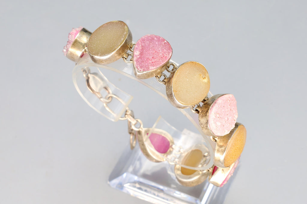 Vintage Multistone Panel Link Bracelet With Pink And Tan Druzy Quartz, Sterling Silver Jewelry For Women, Sparkling Stones
