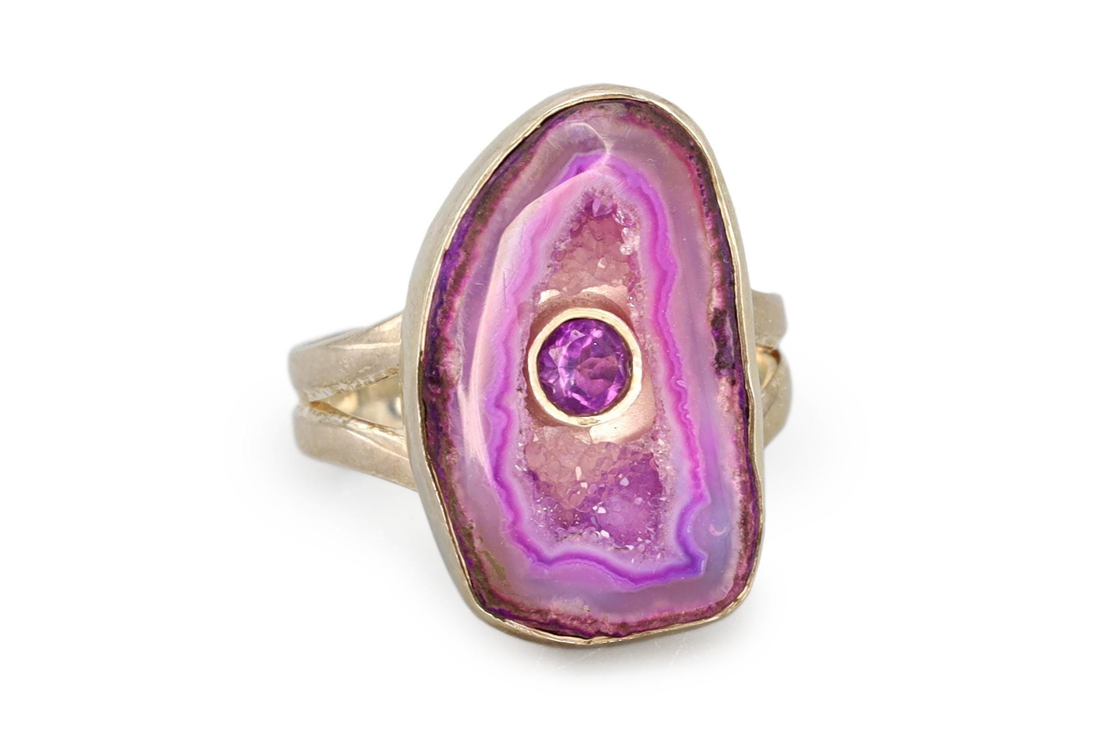Ring For Woman Size 8.75, Sterling Silver With Lavender Drusy Quartz And A Faceted Amethyst, Avant Garde Modern Jewelry