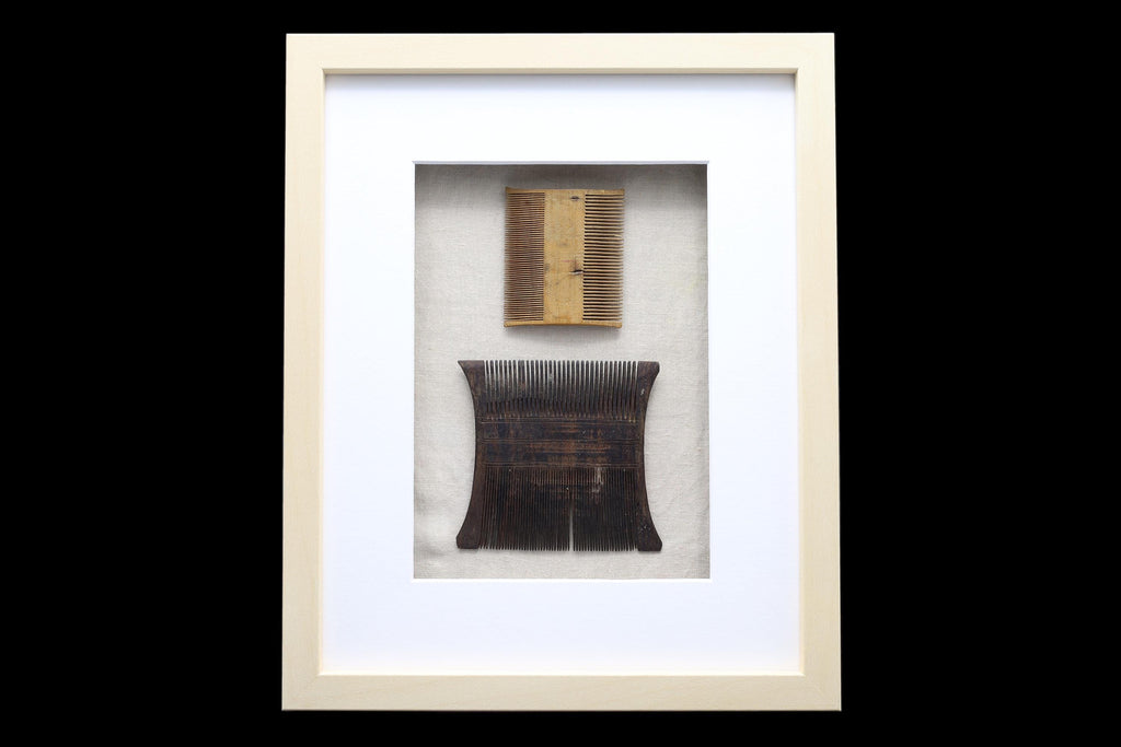 Colonial India, Circa 1920s Hand Carved Wood Combs From Rajasthan Gipsy Tribesmen, Kalbelia, Framed And Read To Hand On Wall, Bathroom Decor