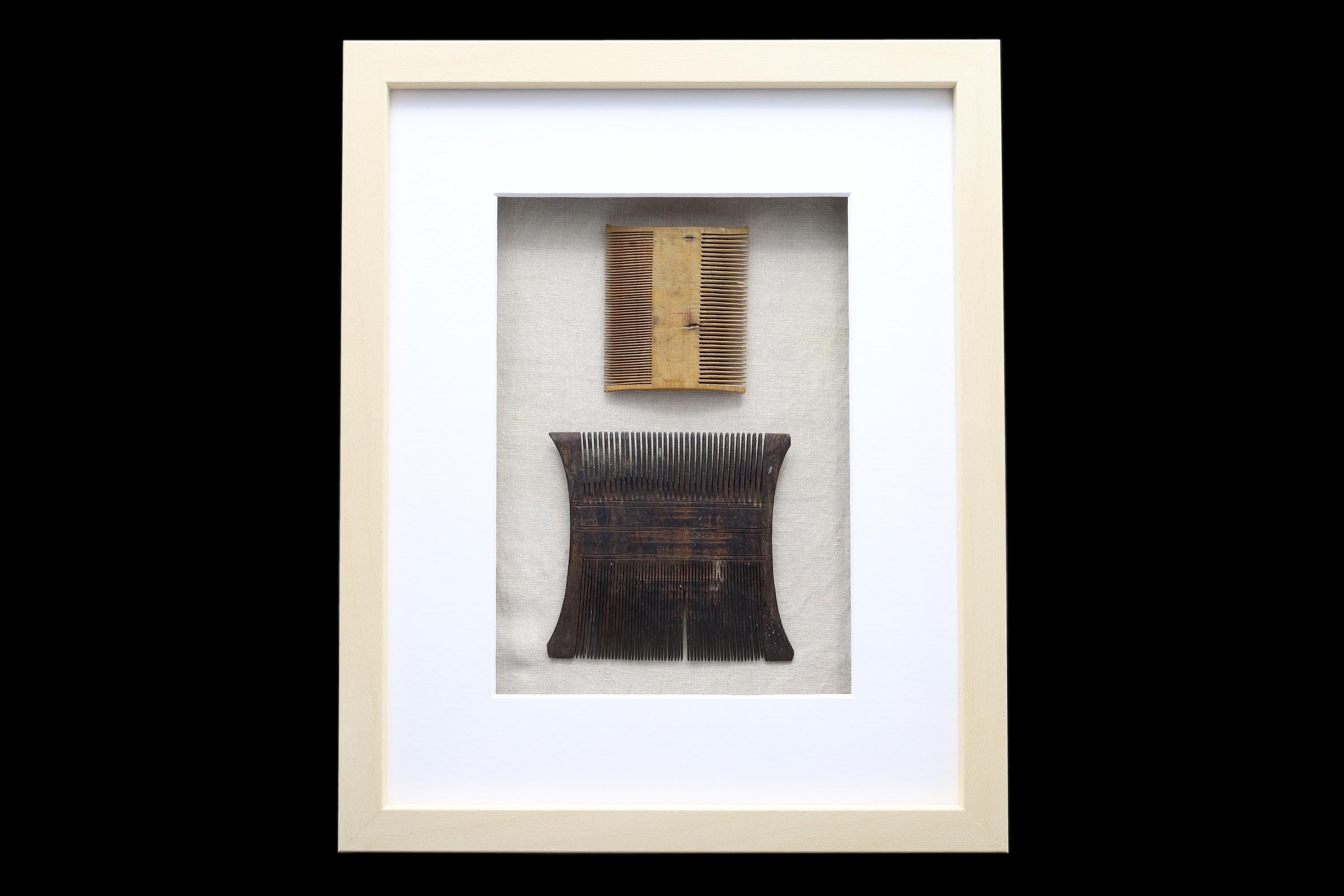 Colonial India, Circa 1920s Hand Carved Wood Combs From Rajasthan Gipsy Tribesmen, Kalbelia, Framed And Read To Hand On Wall, Bathroom Decor