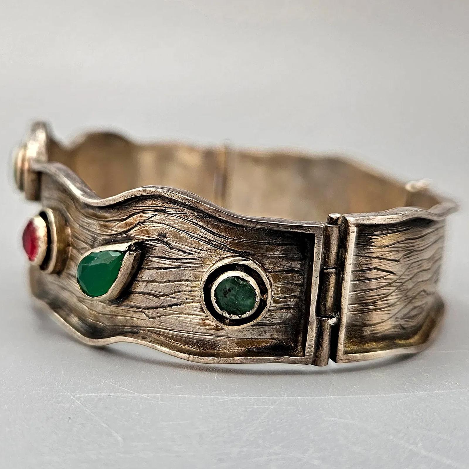 Vintage 1960s Hinged Panel Bracelet, Sterling Silver And Rubies And Emeralds, Custom Made As A Wedding Gift, London UK. Length 8 inches