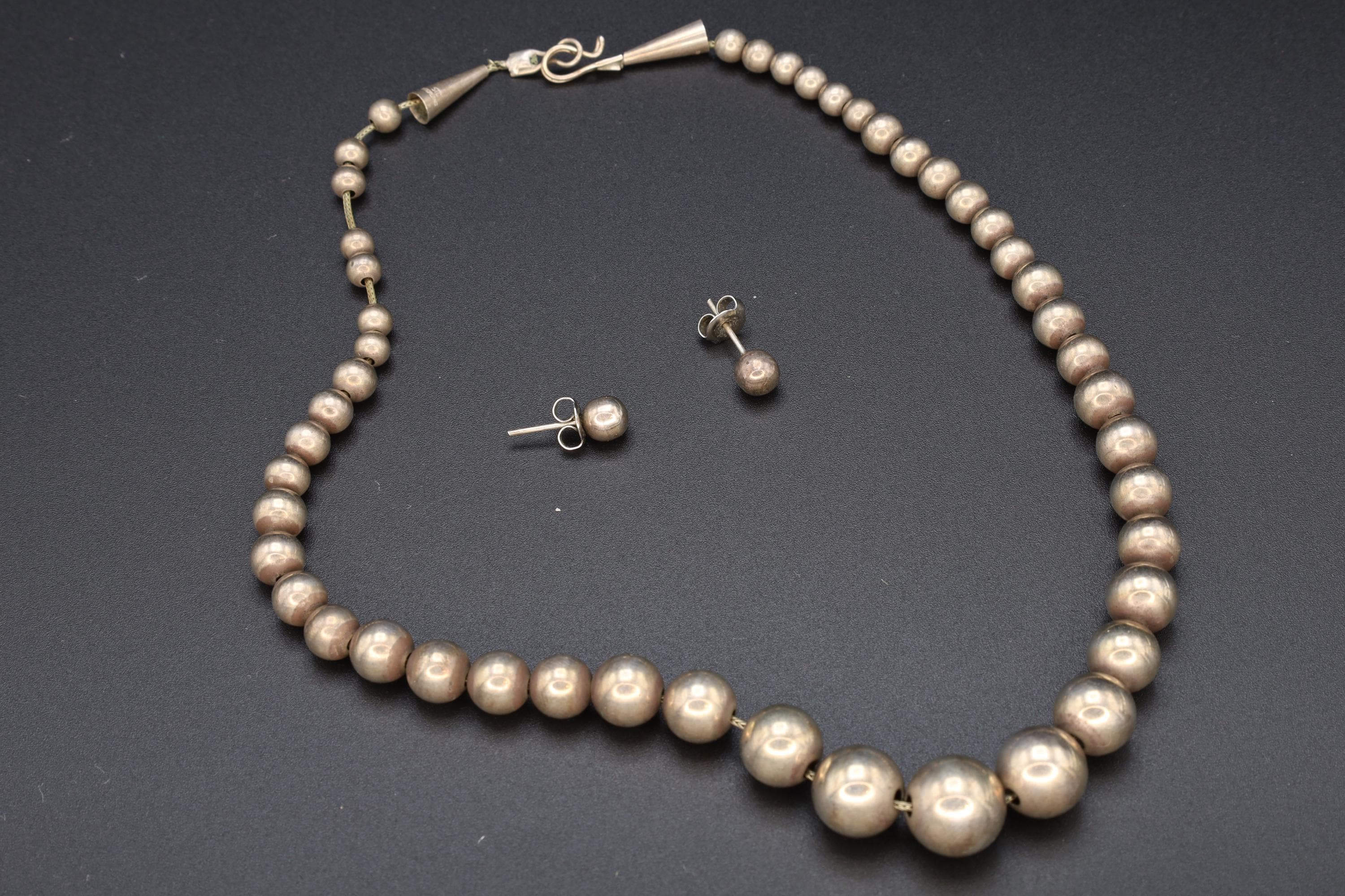 Mid Century Graduated Ball Beads Jewelry Set, Beaded Necklace And Small Stud Earrings, 925 Sterling Silver, Retro Fashion Accessories