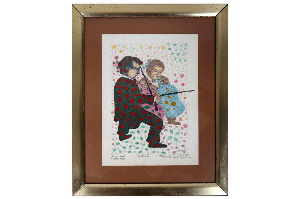 Meyer Frank Lieberman Mixed Media Ink And Watercolor Drawing Painting On Paper, Cellists Musicians, 1979 And Signed Contemporary Judaica Art