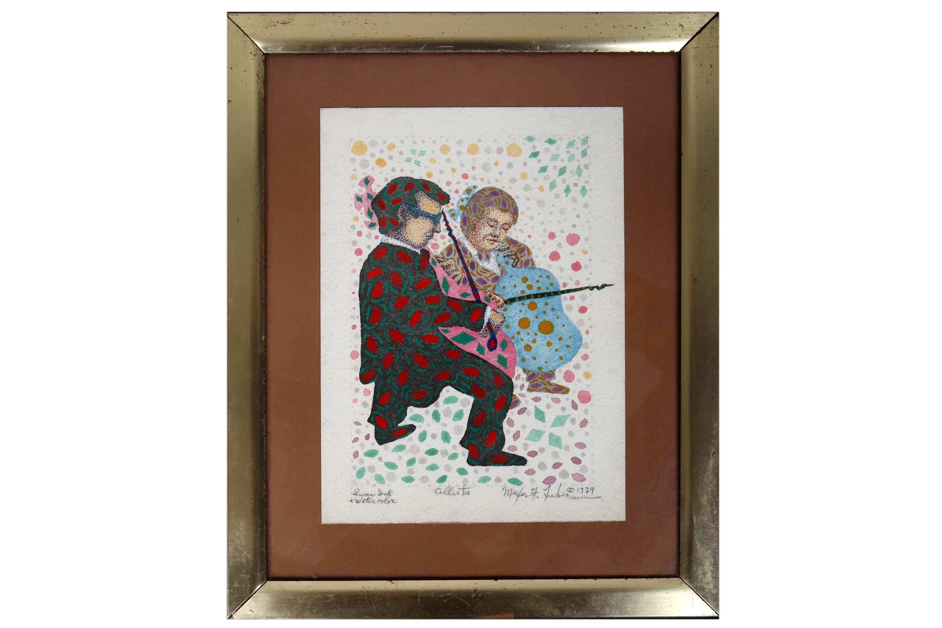 Meyer Frank Lieberman Mixed Media Ink And Watercolor Drawing Painting On Paper, Cellists Musicians, 1979 And Signed Contemporary Judaica Art