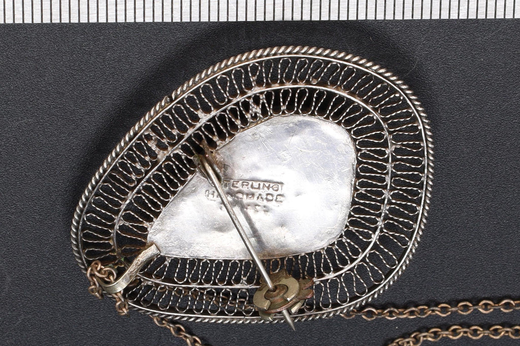 Vintage 1950s Israel Jewelry, 925 Sterling Silver And  Eilat Stone Pendant Necklace, Cannetille Wirework, Middle East Fashion Accessories